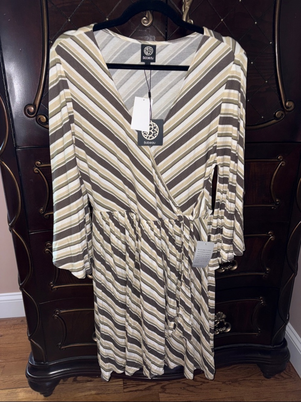 bobeau Olive, Cream & Brown Striped Long Sleeve Wrap Dress
